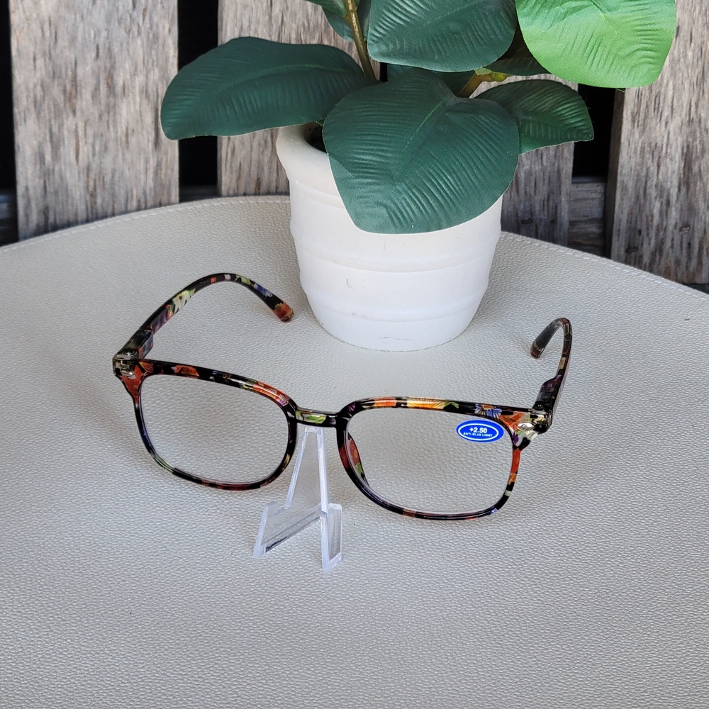 Blue Light Blocking Vibrant Floral Pattern Orange & Green Hues Glasses +2.50 - Picture 3 of 5